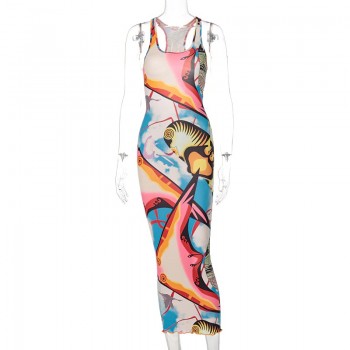 Sleeveless Hollow Out Straps Asymmetric Print Backless Ruched Sexy Maxi Dress Summer 